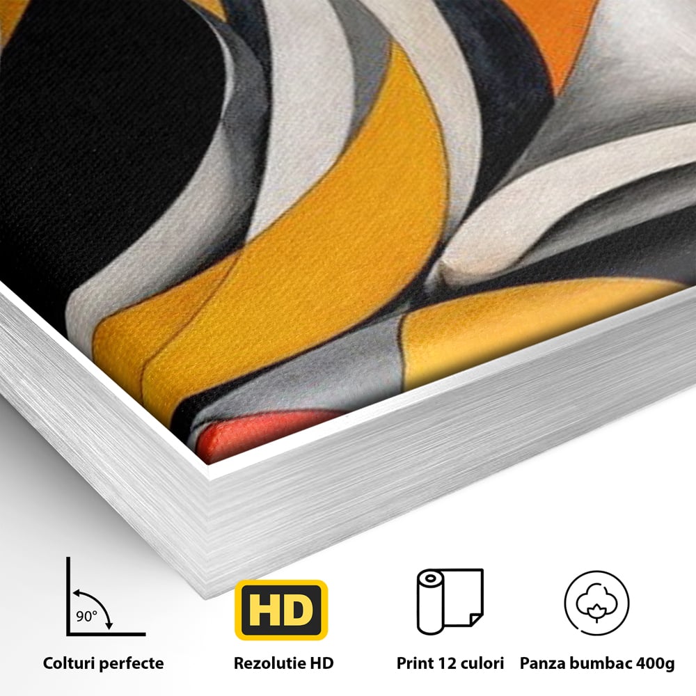 Detaliu al suprafetei: tablou canvas cu caine stilizat in forme geometrice, in rama de aluminiu argintiu